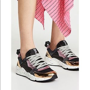 P448. Alex Mixed Leather Lace-up Sneakers In Pink/ Black Shine